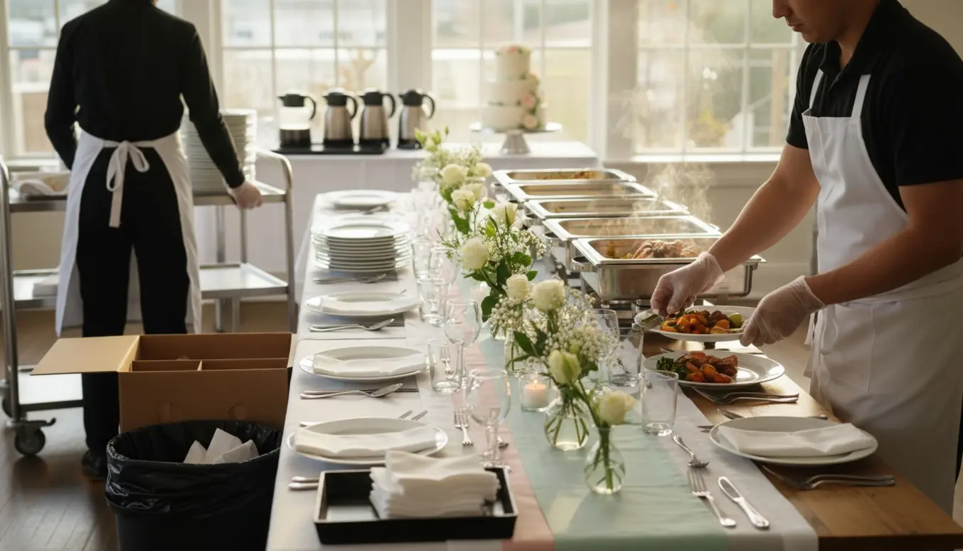 Cateringpersonale anretter mad og rydder op ved et dækket konfirmationsbord med blomster og serveringsudstyr.