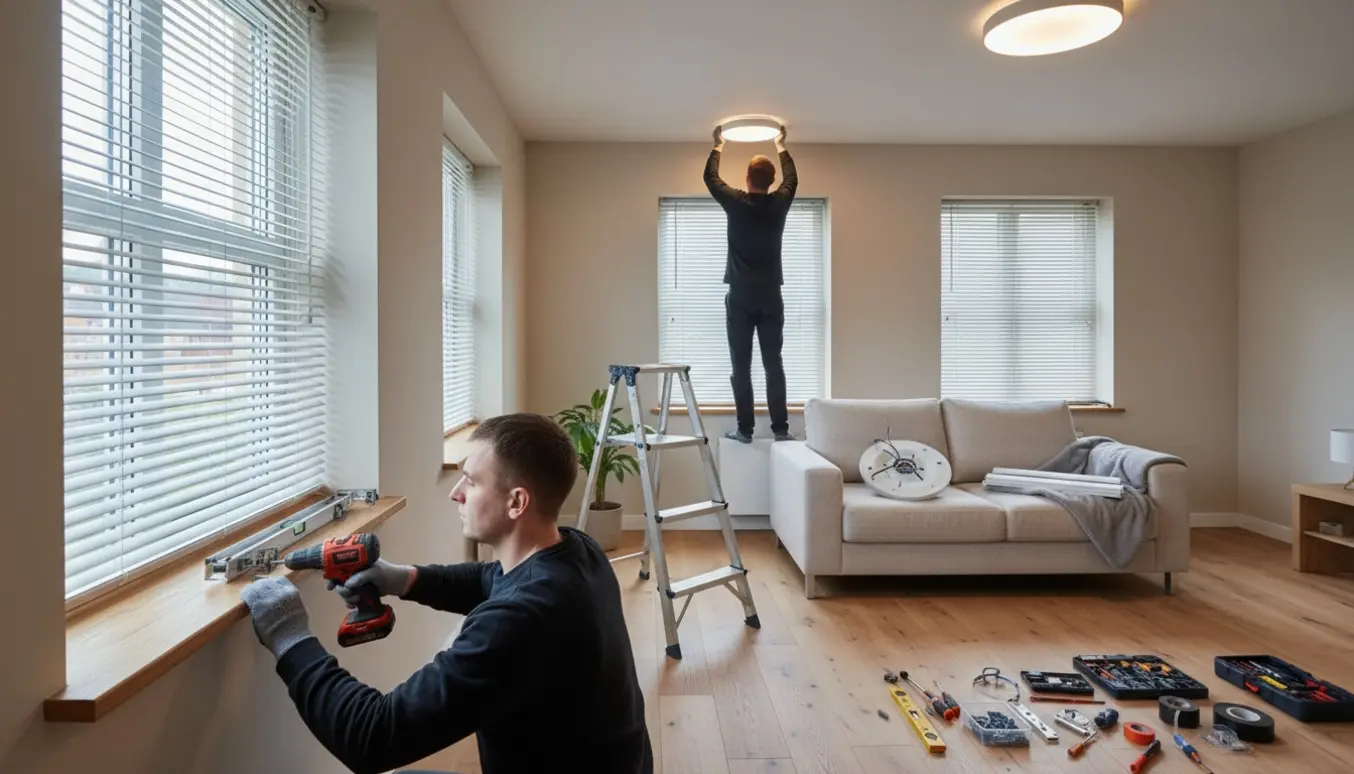 Installation af tre persienner og to loftlamper i en moderne stue, med værktøj og hænder i fokus.
