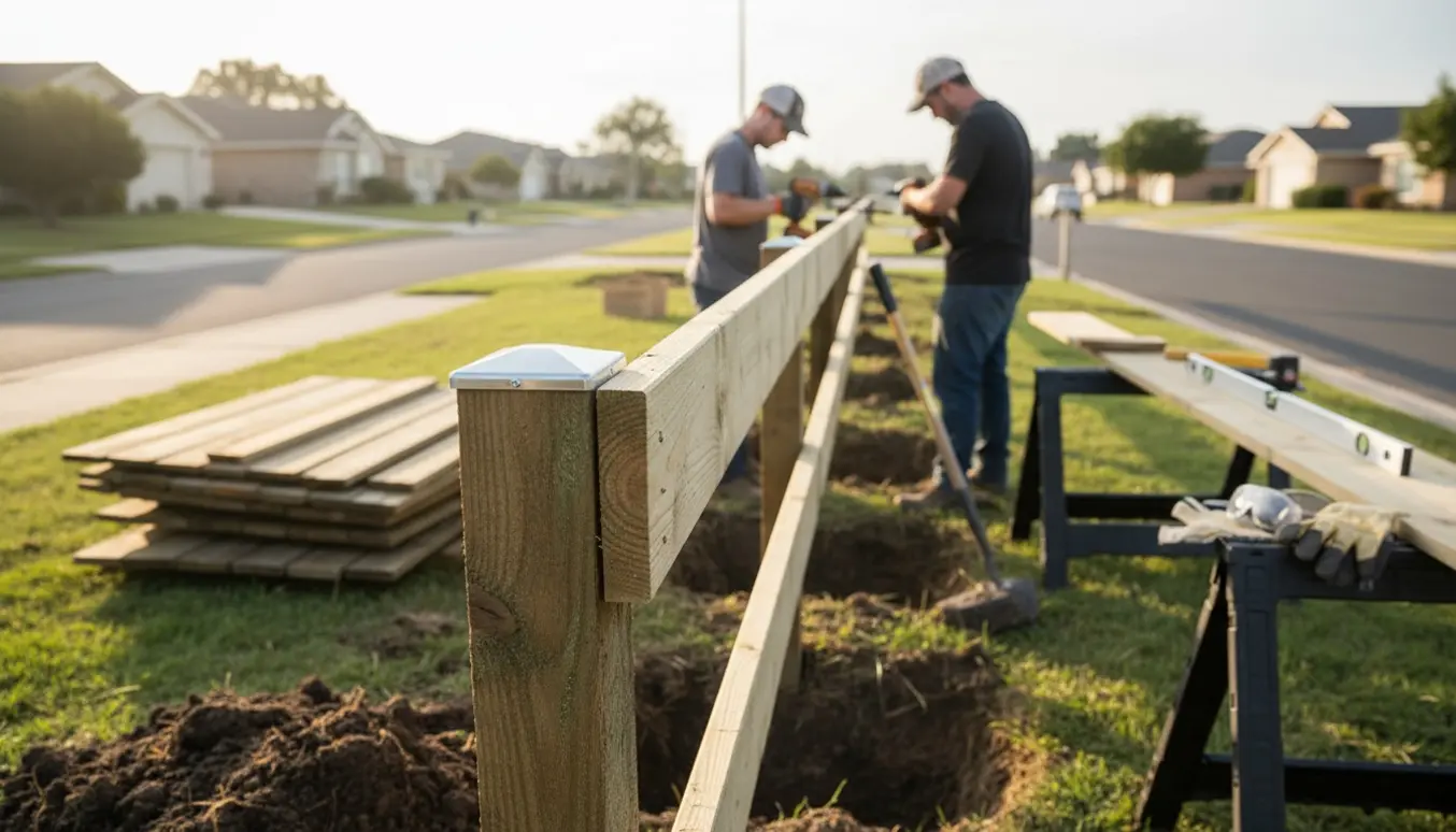 Montering af trykimprægneret vandret plankeværk med stolper og galvaniserede stolpehatte langs en vej.