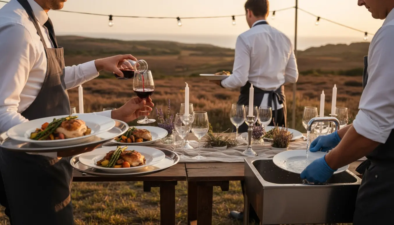 Serveringspersonale i aktion ved et udendørs bryllup nær Mols Bjerge, hænder der serverer mad og vin og rydder op.