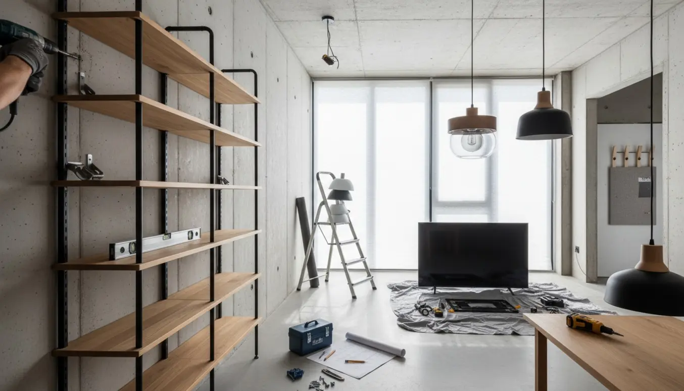 Montør monterer reoler og lamper på rå betonvæg med værktøj og rispapirsgardiner i baggrunden.