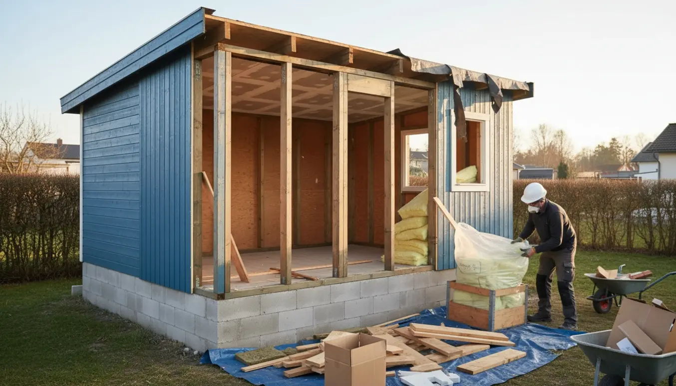 Delvist nedrevet malet træudhus med stakke af Rockwool og gipsrest ved et intakt gasbetonfundament.