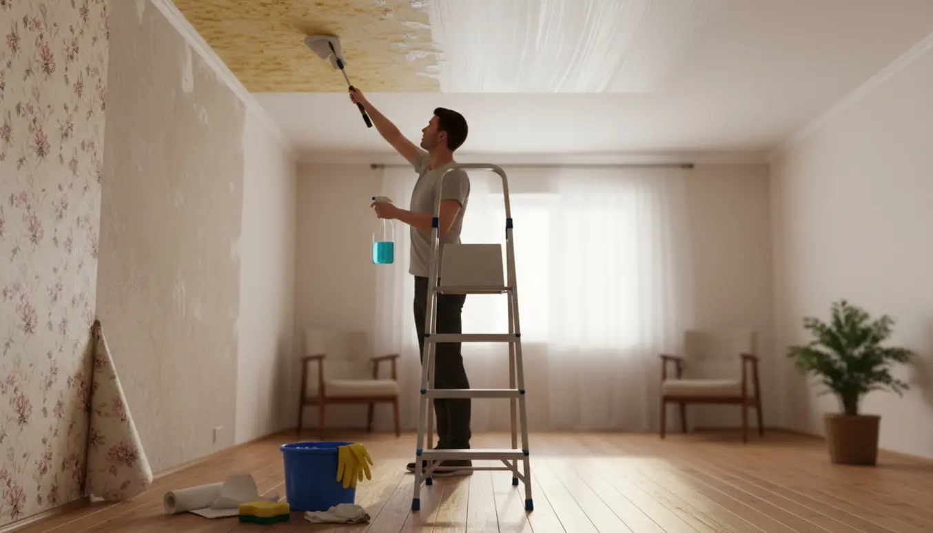En person vasker et røget loft fra en stige med klud og spand, mens tapet er delvist fjernet på en væg.