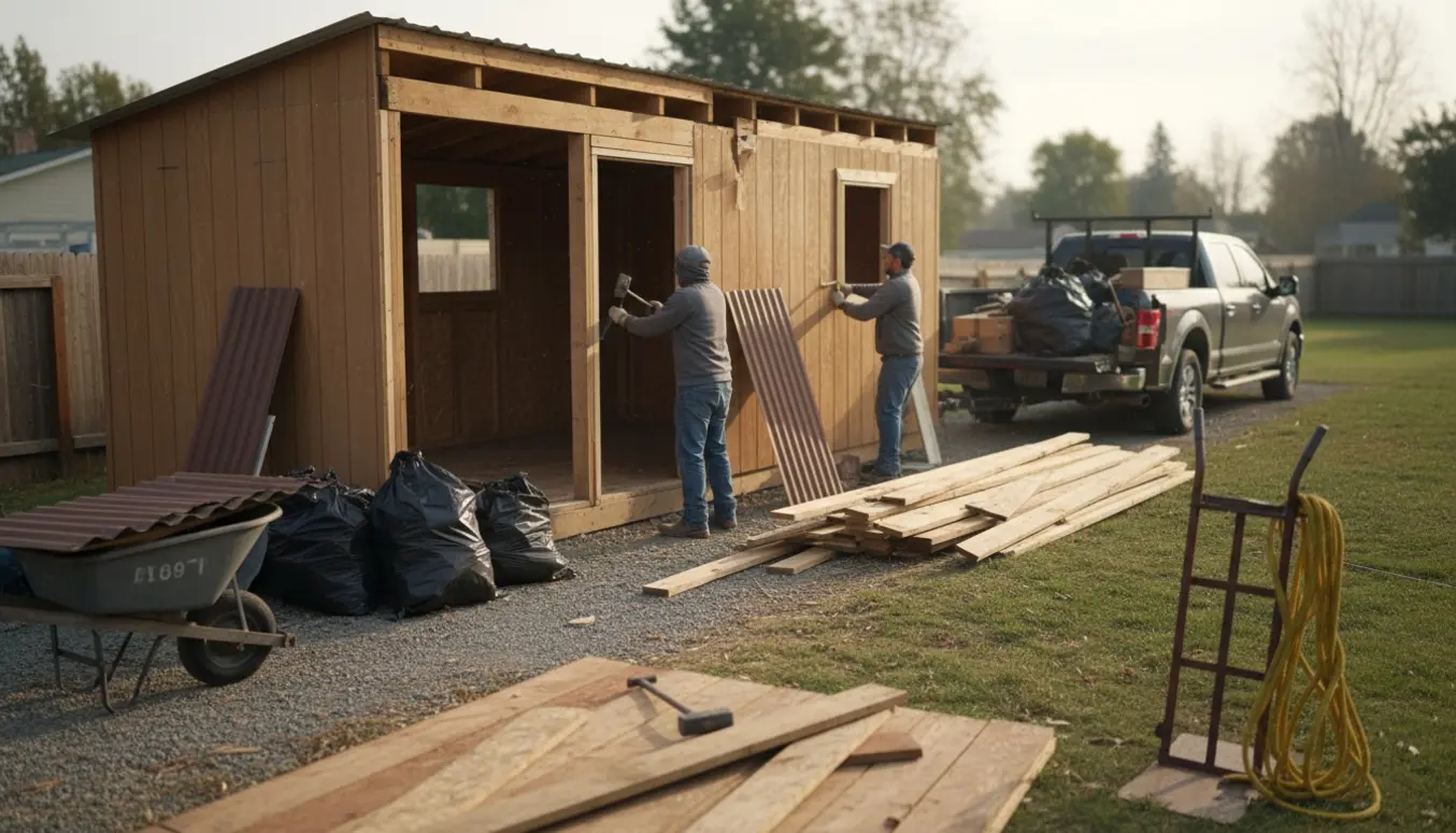 Partielt nedrevet skur på en baggrundsplæne med arbejdere, der laster træ og affald på en trailer.