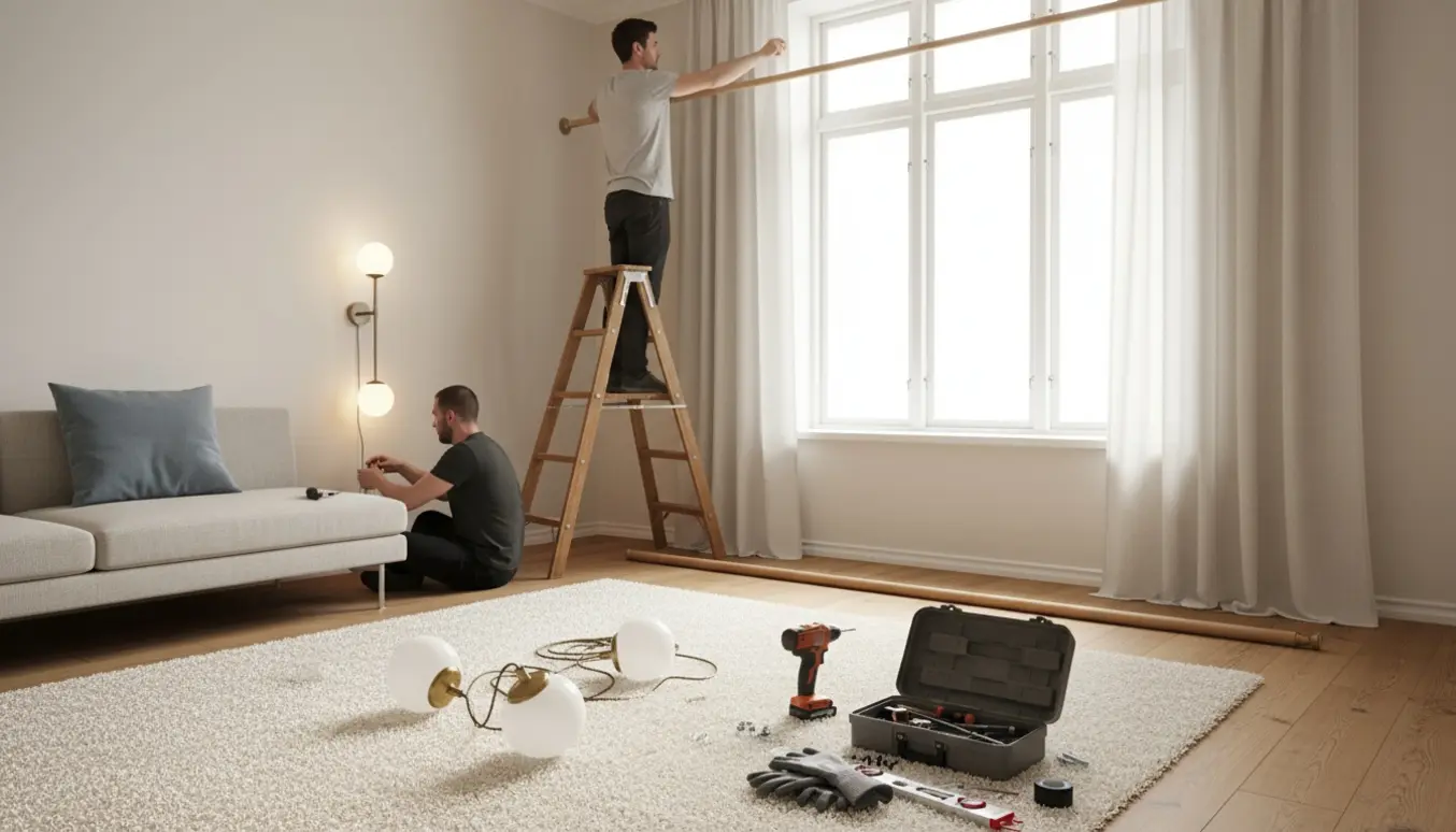 En håndværker monterer gardinstænger og lamper i en lys skandinavisk stue.