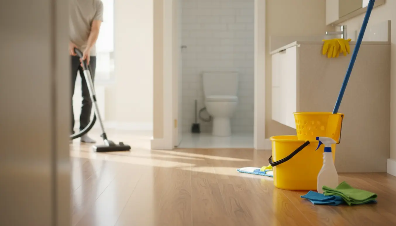 Rengøringsscene med støvsugning og gulvvask i et lyst hjem og et nypudset toilet i baggrunden.