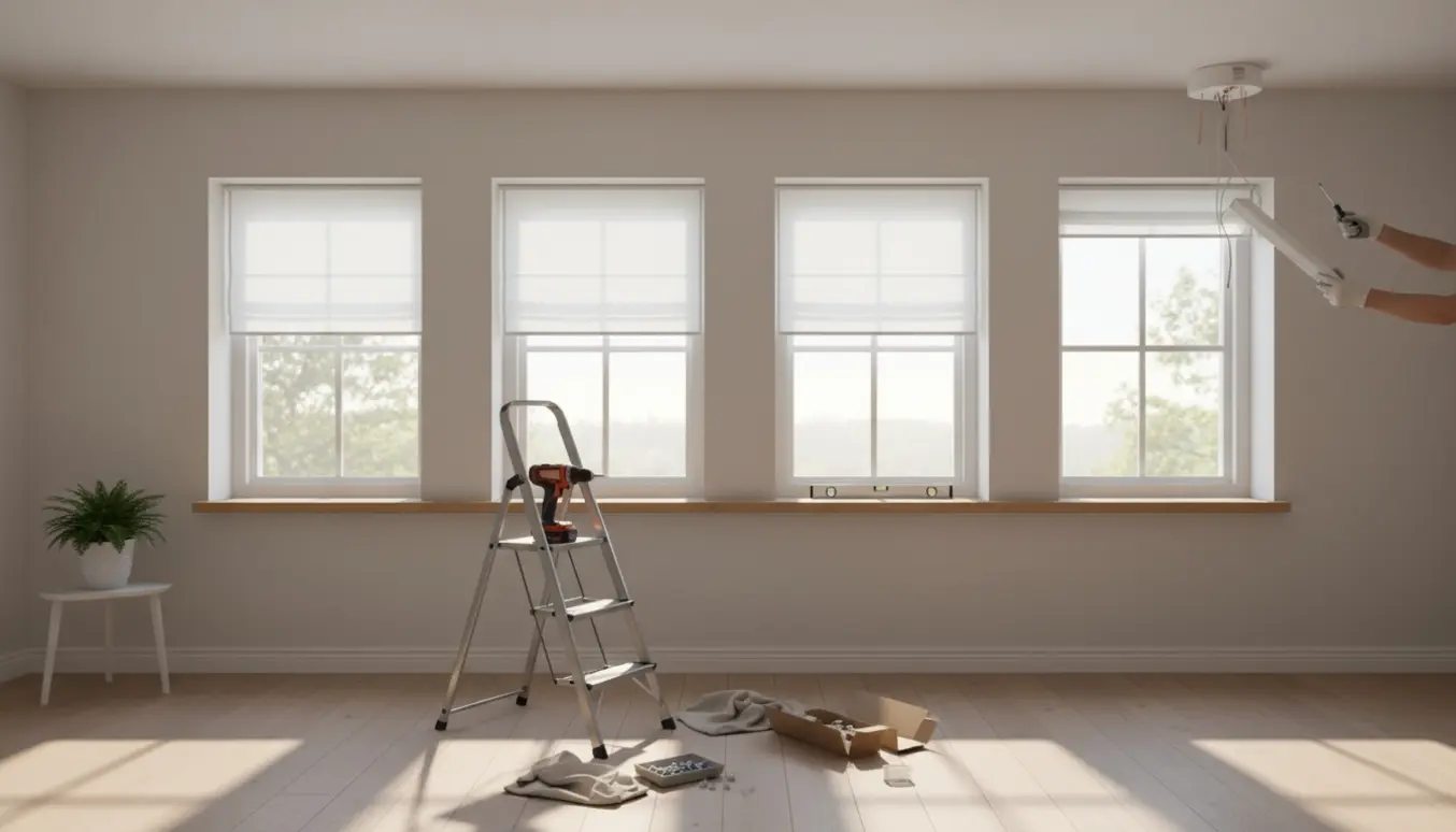 Hænder monterer fire rullegardiner ved vinduerne og en loftslampe i et lyst, skandinavisk rum.