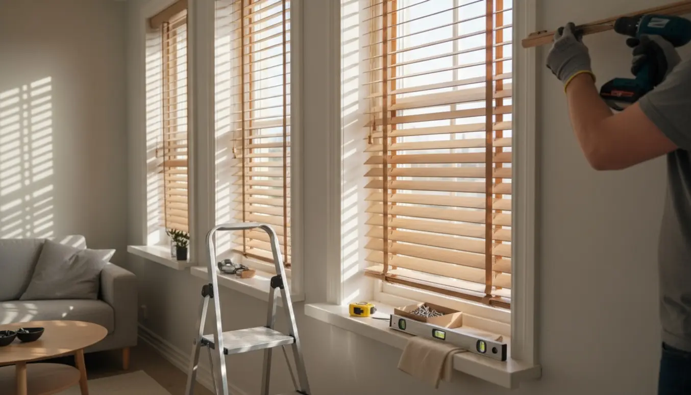 Hænder monterer tre matchende træpersienner i en lys, minimalistisk stue med værktøj på en stige.