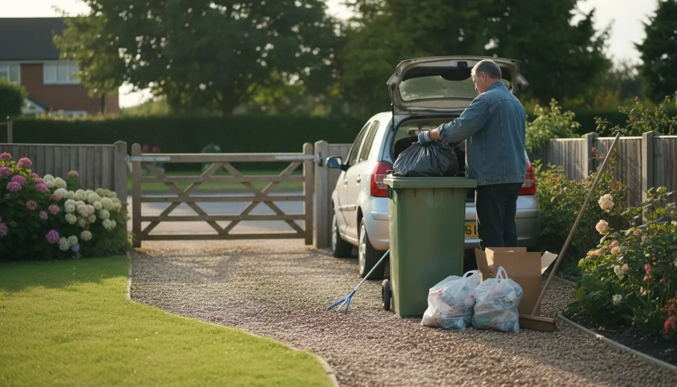 Person binder affaldsposer ved haven og placerer dem i en affaldsbeholder med fri adgang til vejen.