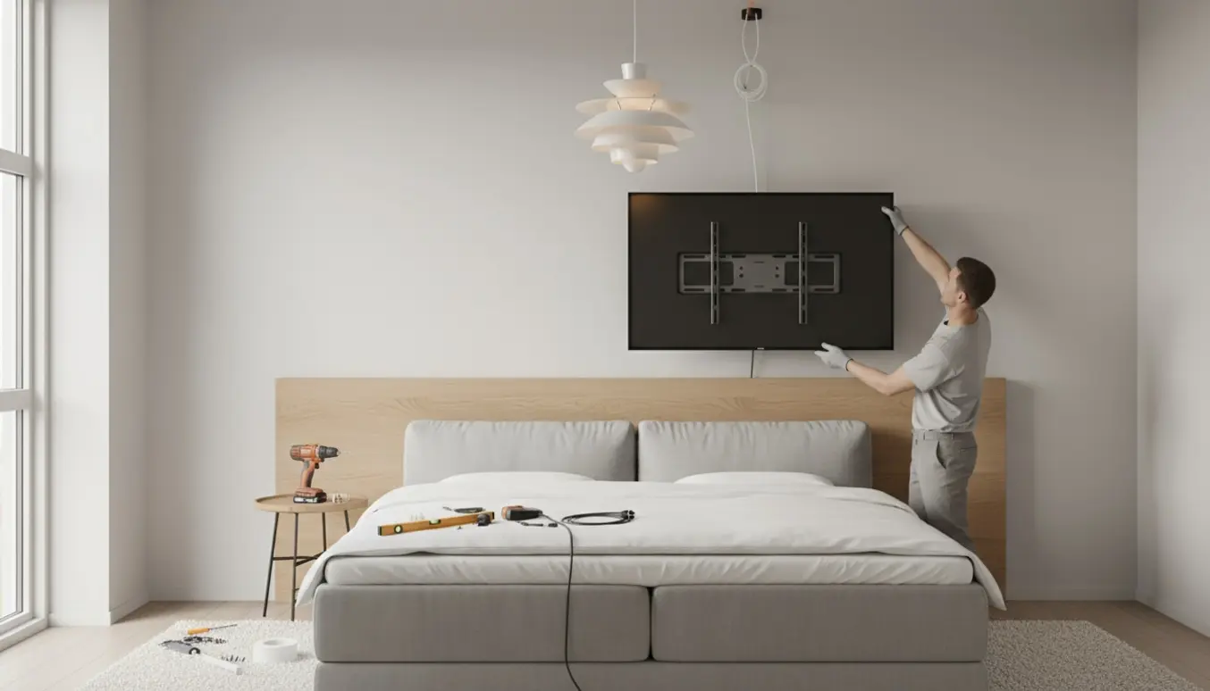 Montering af endegavl og ophængning af 50 tommers TV i lyst skandinavisk soveværelse med lagdelt loftslampe.