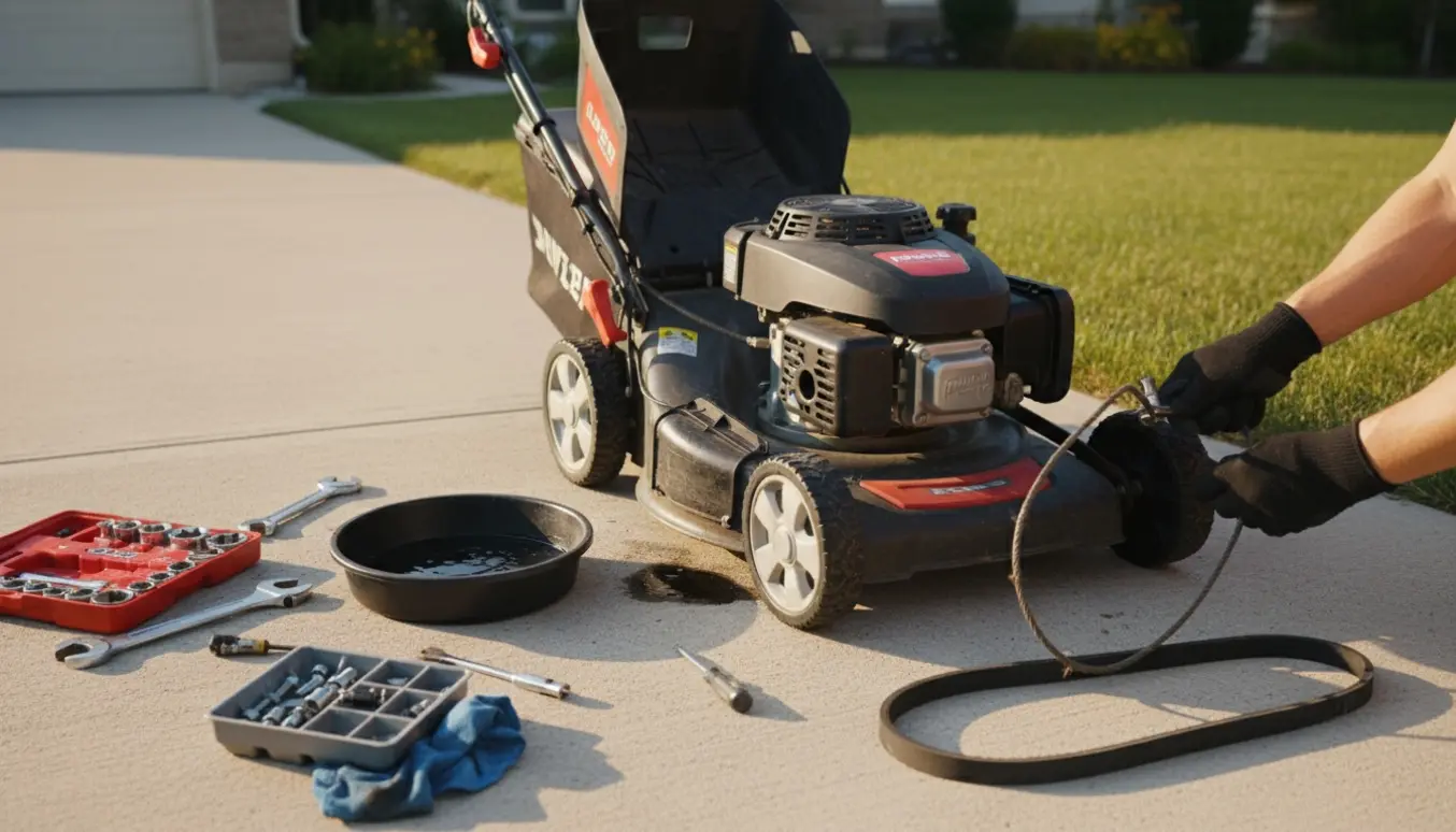 En mekaniker uden ansigt reparerer en åben plæneklipper med oliepande og værktøj på en indkørsel.
