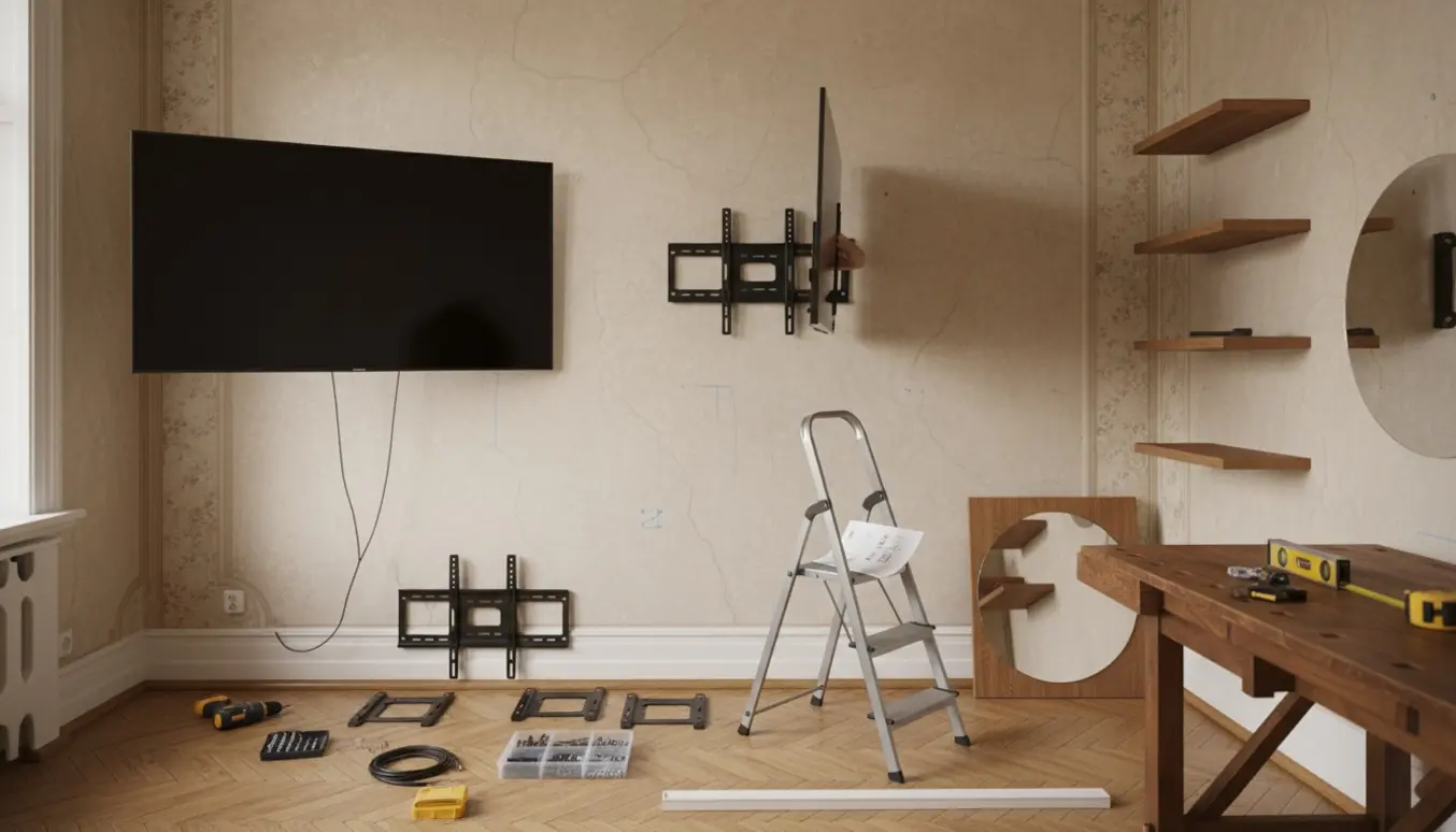 Hænder monterer et tv og hylder på en ældre væg med værktøj lagt frem.