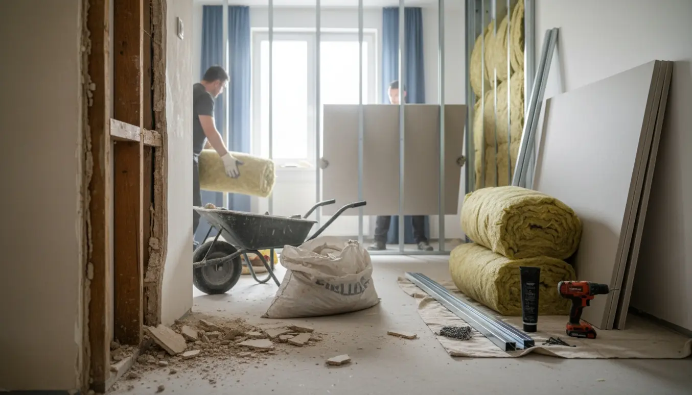Partielt nedrevet indvendig væg med stabler af fibergips, isolering og værktøj klar til genopbygning.