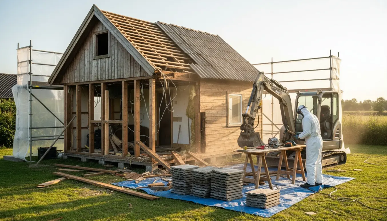 Et træsommerhus under kontrolleret nedrivning med stablede eternittagsten og en arbejder i beskyttelsesdragt.