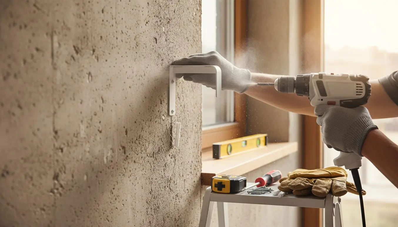 Montering af hvid gardinstang på betonvæg med boremaskine, rawlplugs og vaterpas.