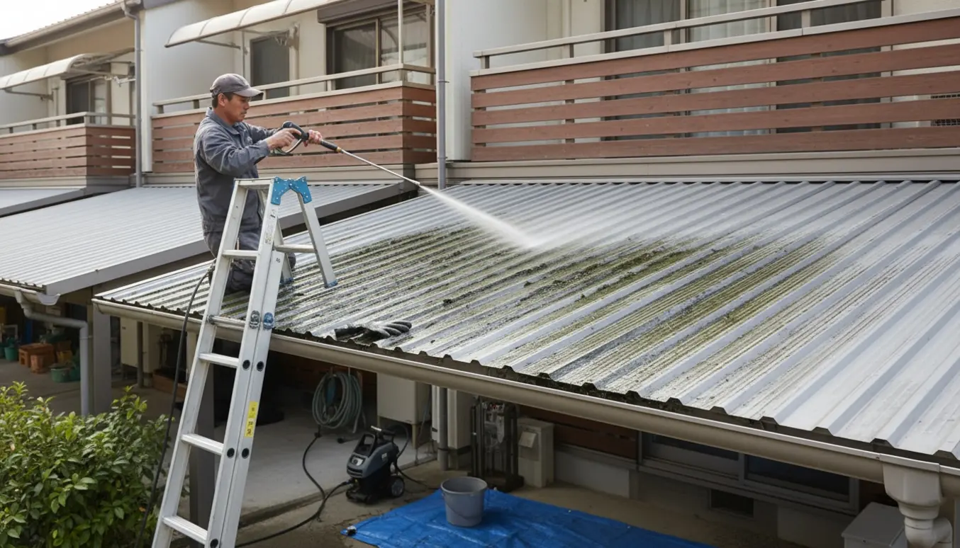 Person renser tagrender og fjerner alger fra carporttag ved et rækkehus, ansigt ikke synligt.