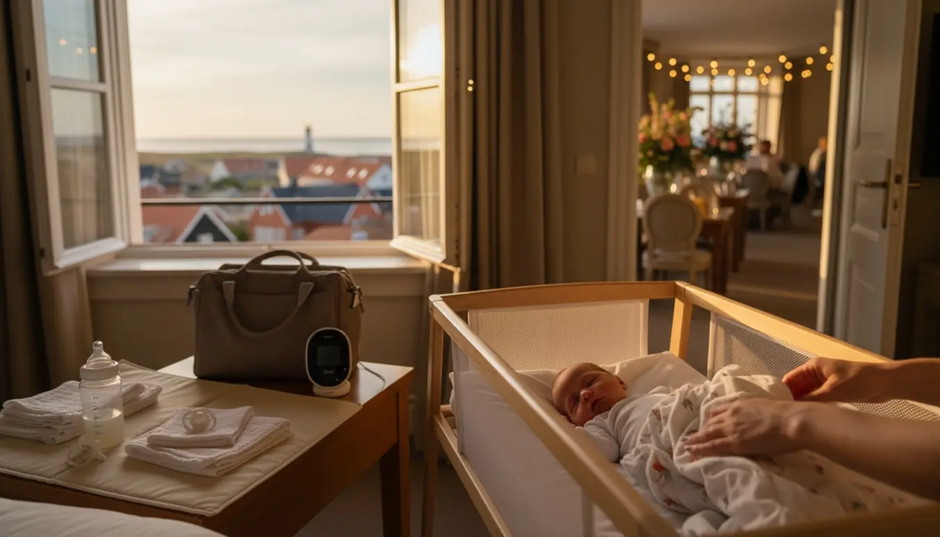 Babysitters hænder svøber en sovende lille baby i et hotelværelse med babyudstyr og kystudsigt.