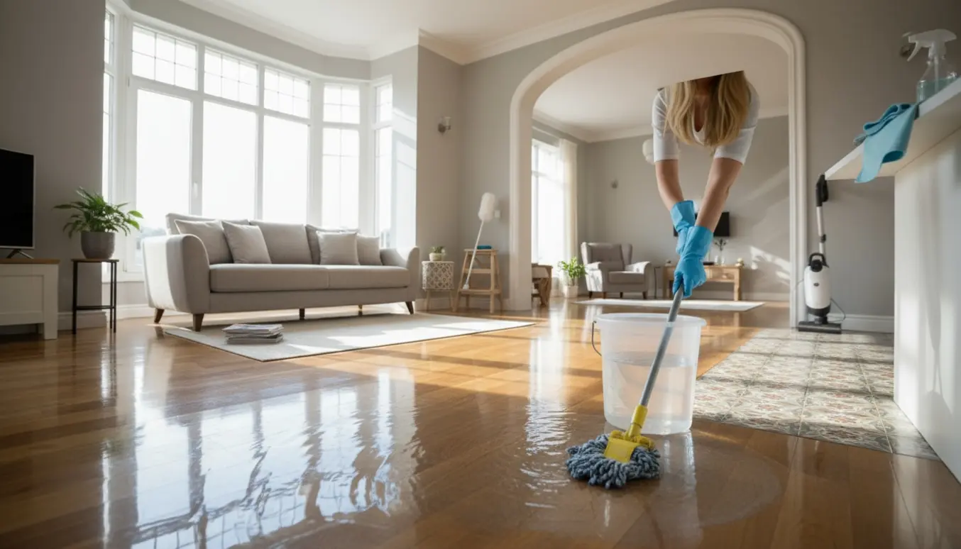 Lyst og rummeligt hus under rengøring med mopper, støvsuger og en person kun med hænder i billedet.