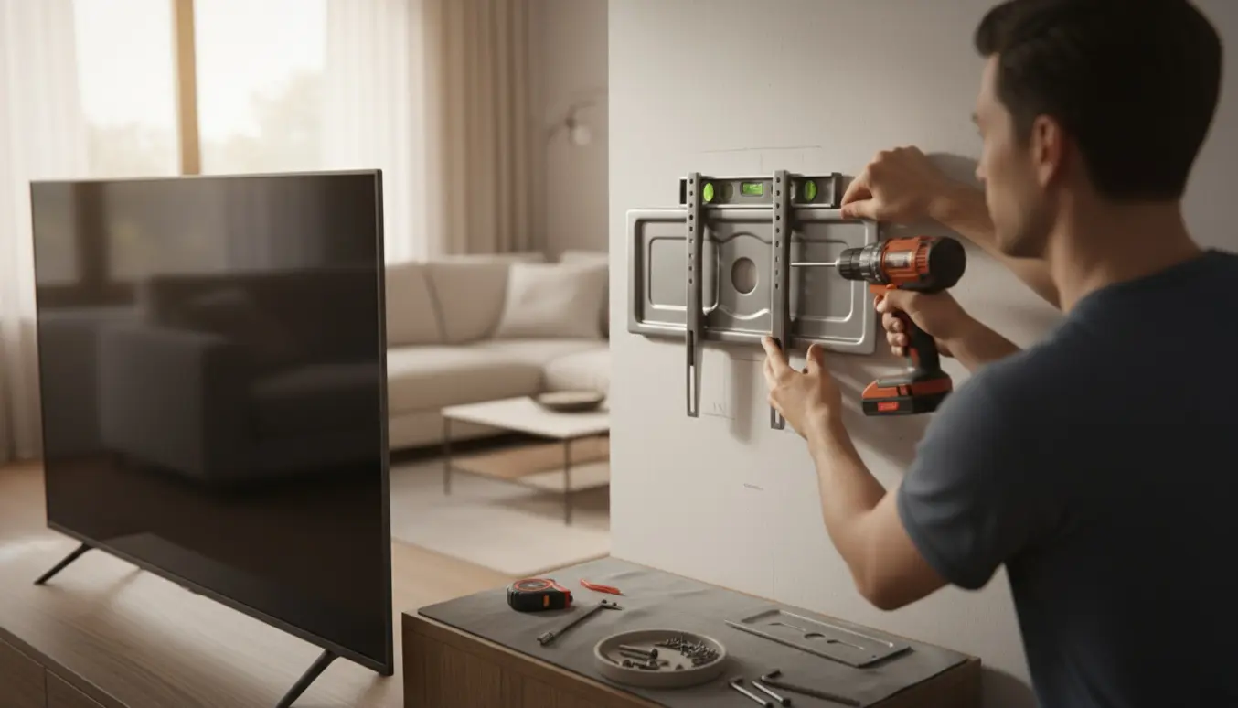 Montage af et stort 55 tommers fladskærms-TV på væggen med boremaskine og beslag i en lys, moderne stue.