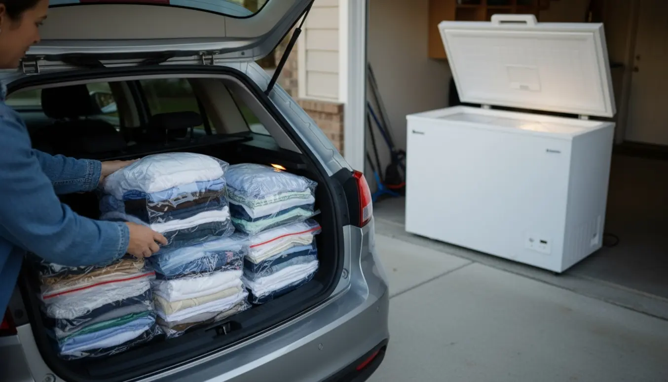 Åben bilbagagerum med forseglede plastikposer fyldt med tøj og en åben kummefryser i garagen klar til modtagelse.