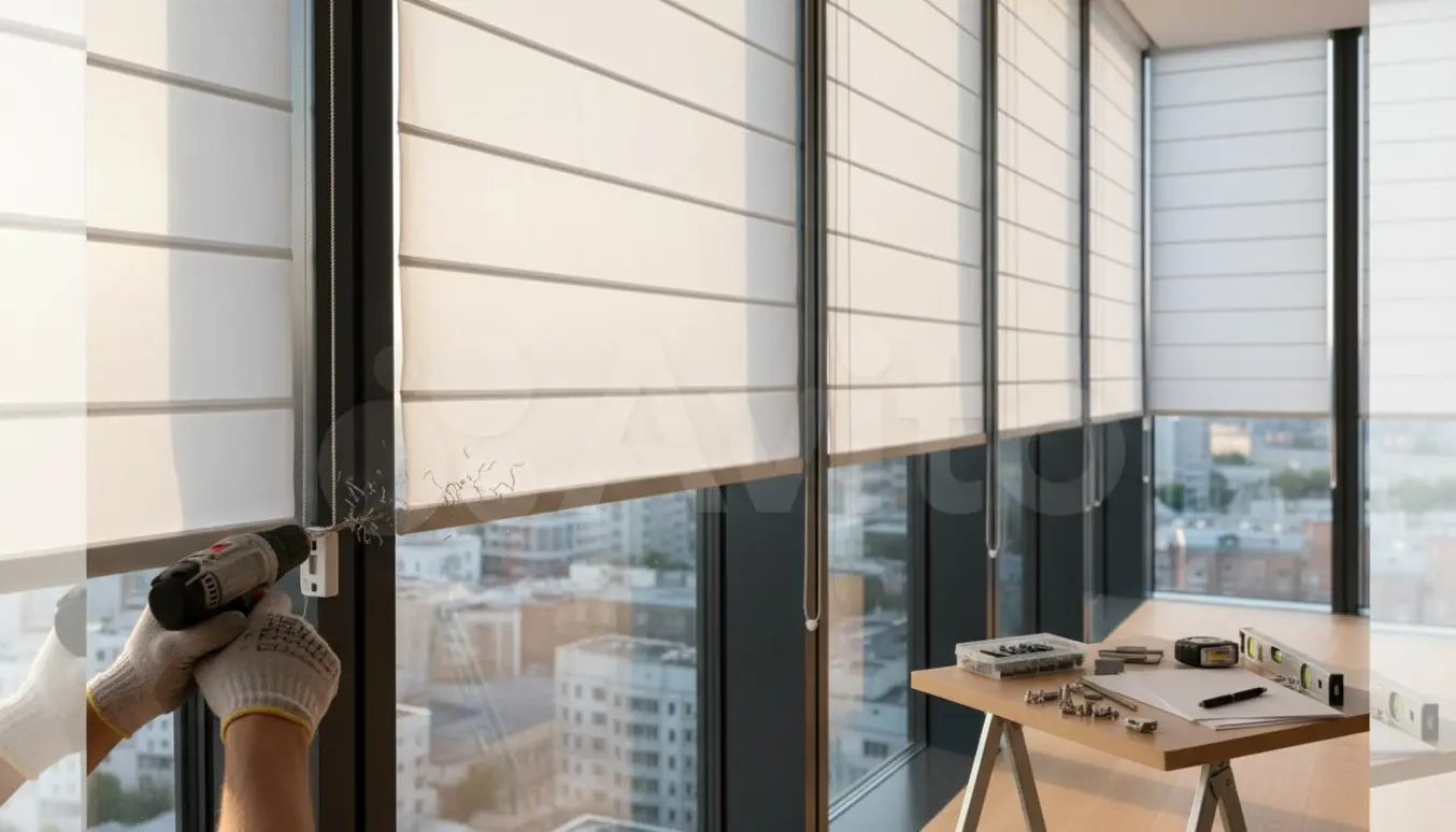 Nærbillede af montage af rullegardiner på gulv-til-loft vinduer med værktøj og hænder i arbejde.