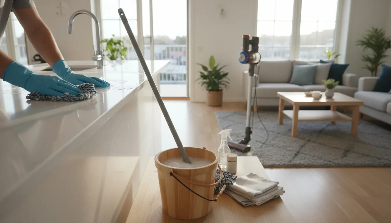 Handskerensning af køkkenbord og moppe i en solrig, ryddet lejlighed.