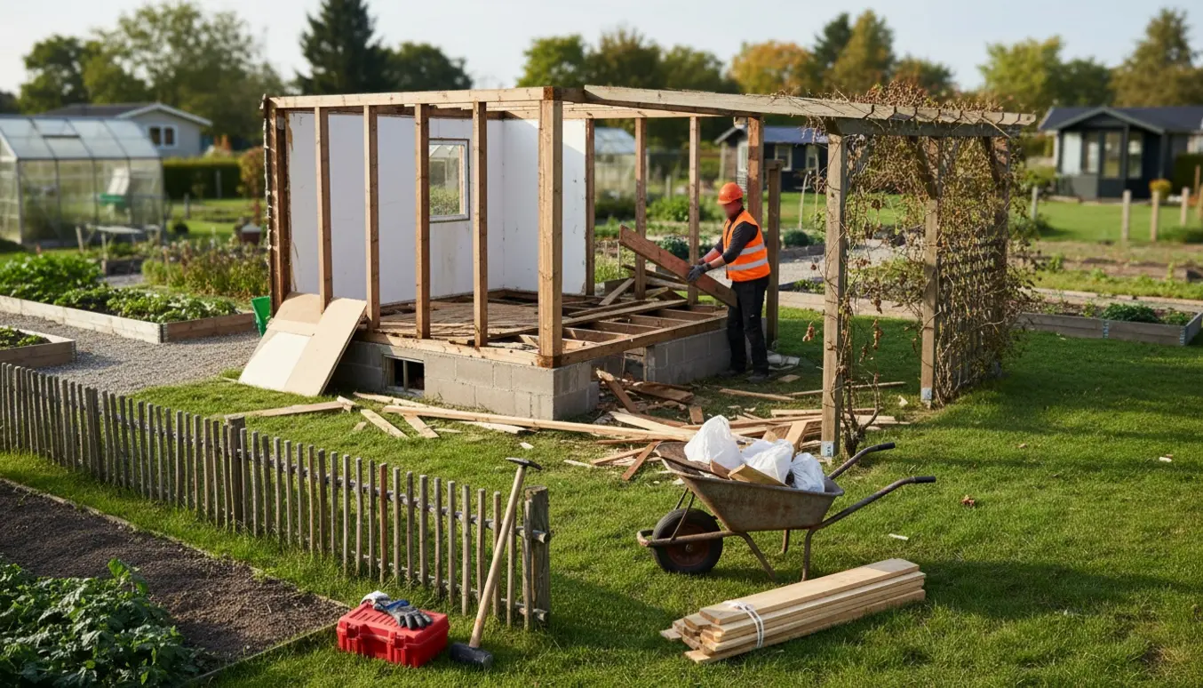 Delvist nedrevet 28 kvm kolonihavehus og pergola med bunker af byggematerialer og værktøj klar til oprydning.