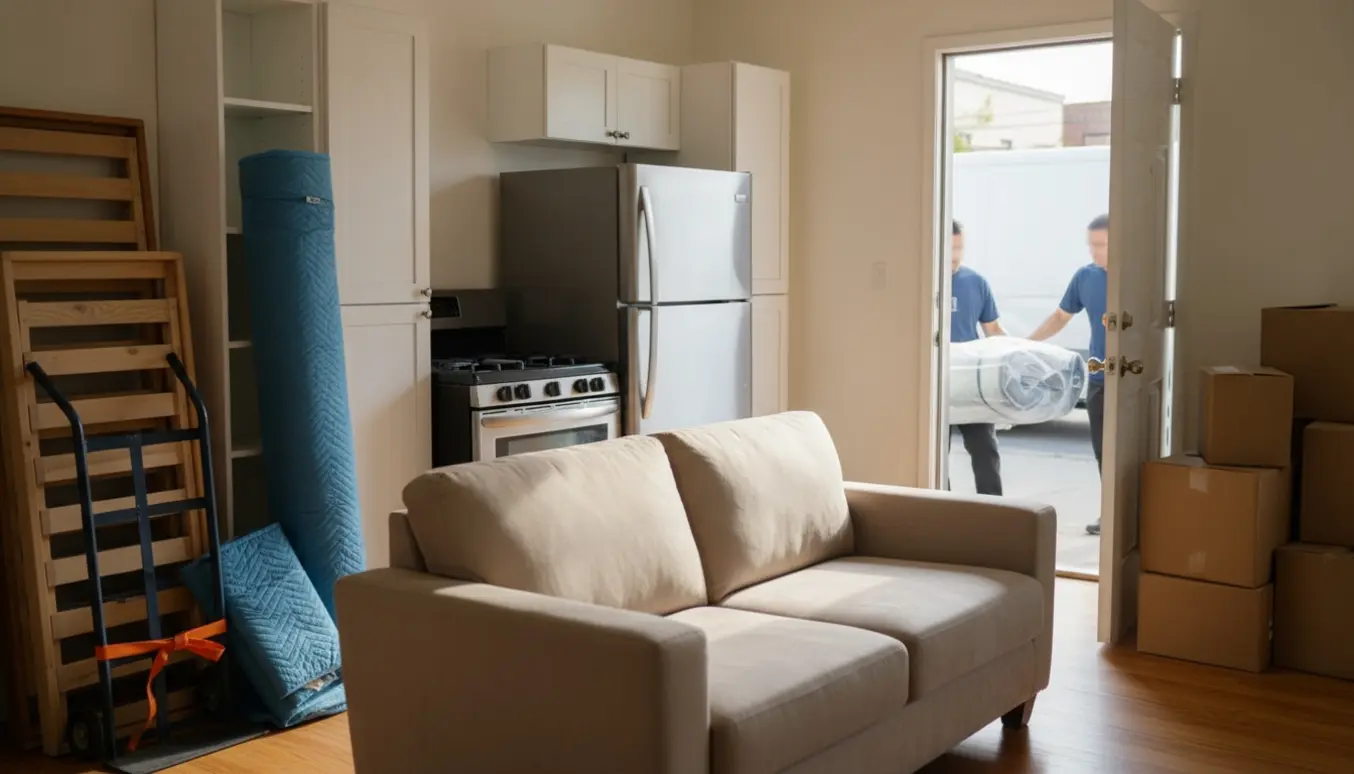 Møbler og apparater stablet ved lejlighedens dør klar til genbrug.