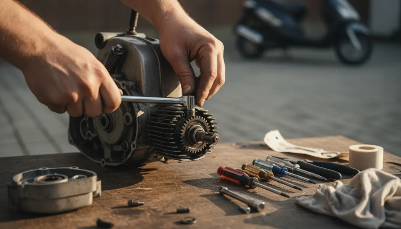 Hænder strammer kickstarteren på en lille 50 cc scooter i en garage med værktøj på et bord.