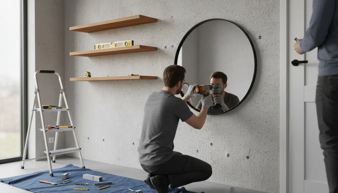 Tre træhylder monteret på en gasbetonvæg mens et spejl hænges op og et dørhåndtag monteres.