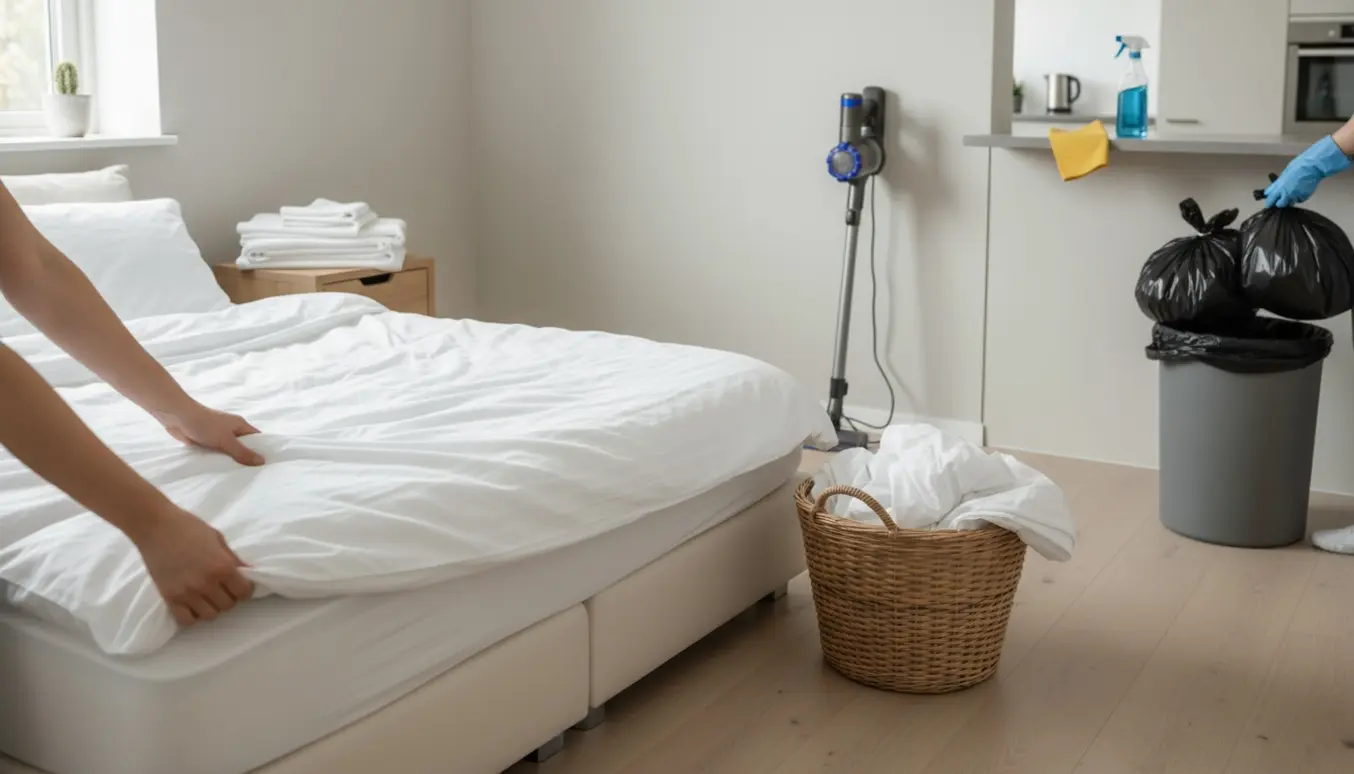 Rengøringsperson skifter sengetøj og tømmer affaldsposer i et lyst, moderne Airbnb-værelse.