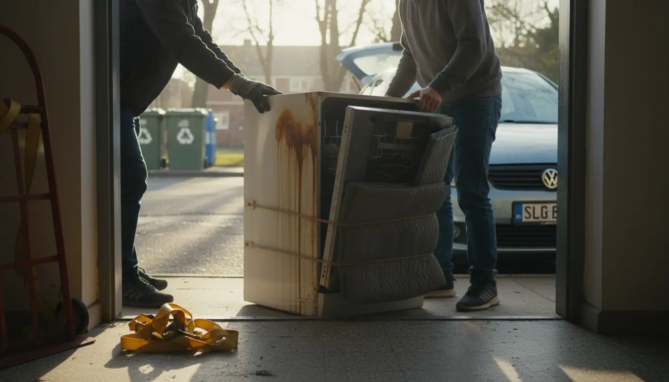 To personer bærer en defekt opvaskemaskine ud gennem en entré mod en åben bil, med trillebør, flyttetæppe og beskadiget metal.