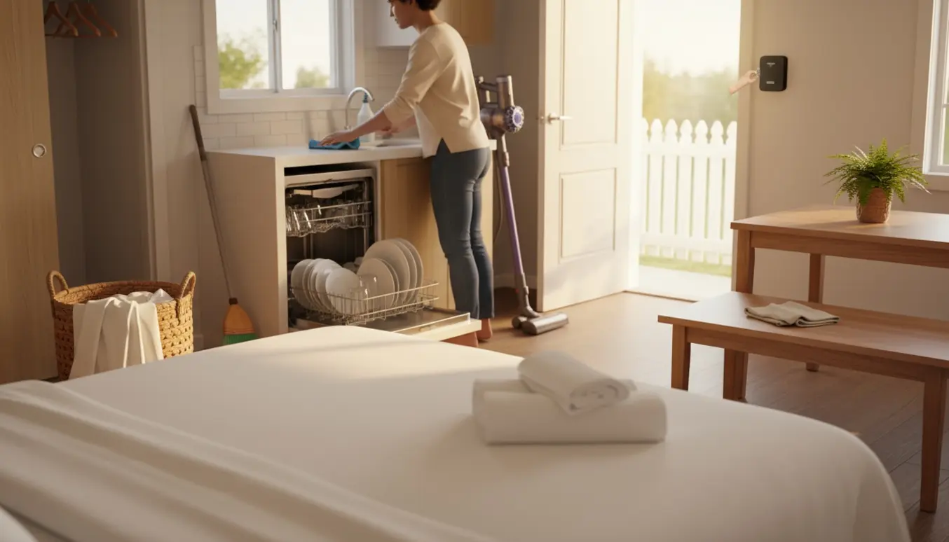 Interiørfoto af en Airbnb-lejlighed under rengøring med nyopredt seng, håndklæder og en nøgle i en nøgleboks ved hoveddøren.