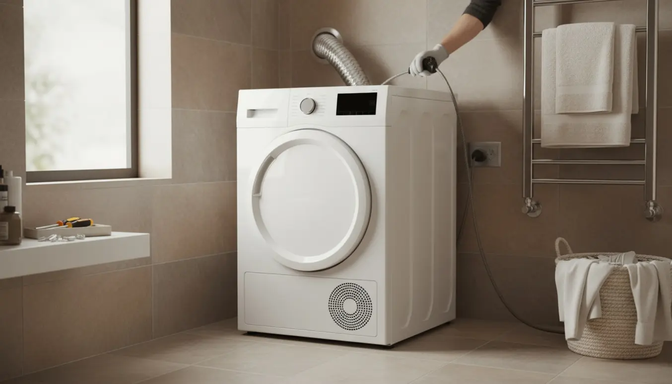 Hænder tilslutter en tørretumbler til en stikkontakt bagved i et lyst badeværelse.