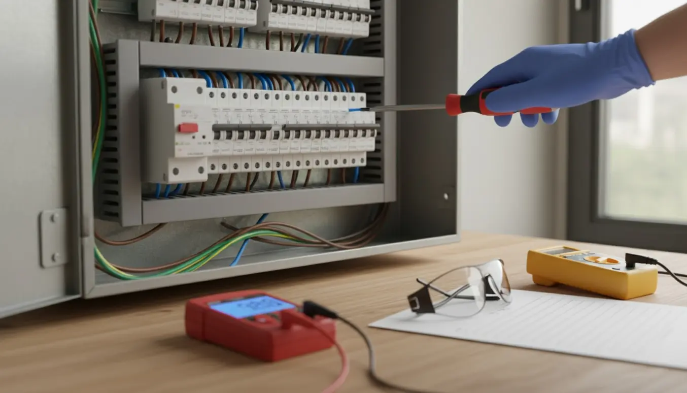 Hænder i handsker tilpasser neutralforbindelsen i en åben eltavle ved et HFI-relæ.