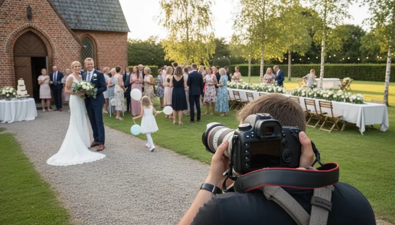 En fotograf tager billeder af bryllupsgæster udenfor en kirke i Nordsjælland med havefest i baggrunden.