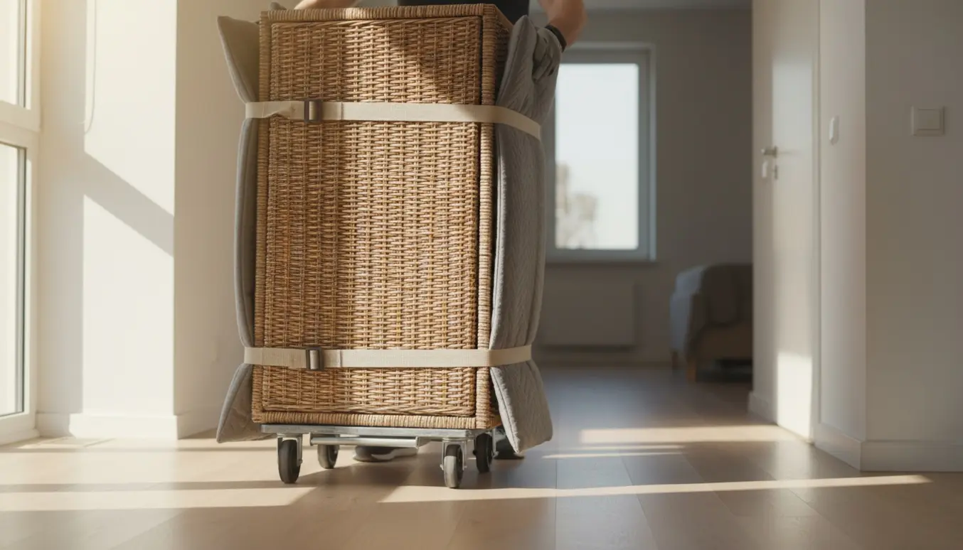 To personer flytter et højt fletskab gennem en lys entré med flyttetæpper og en flyttevogn.