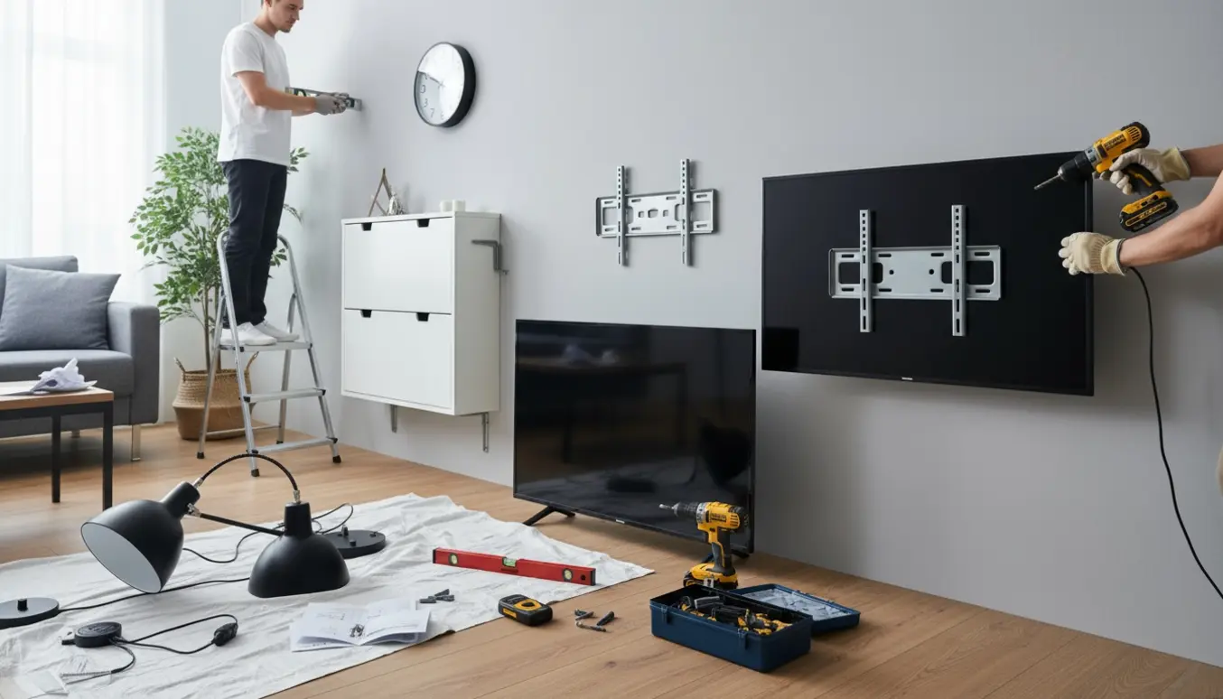Hænder monterer to tv-beslag og et skoskab på en stuevæg med værktøj spredt på gulvet.