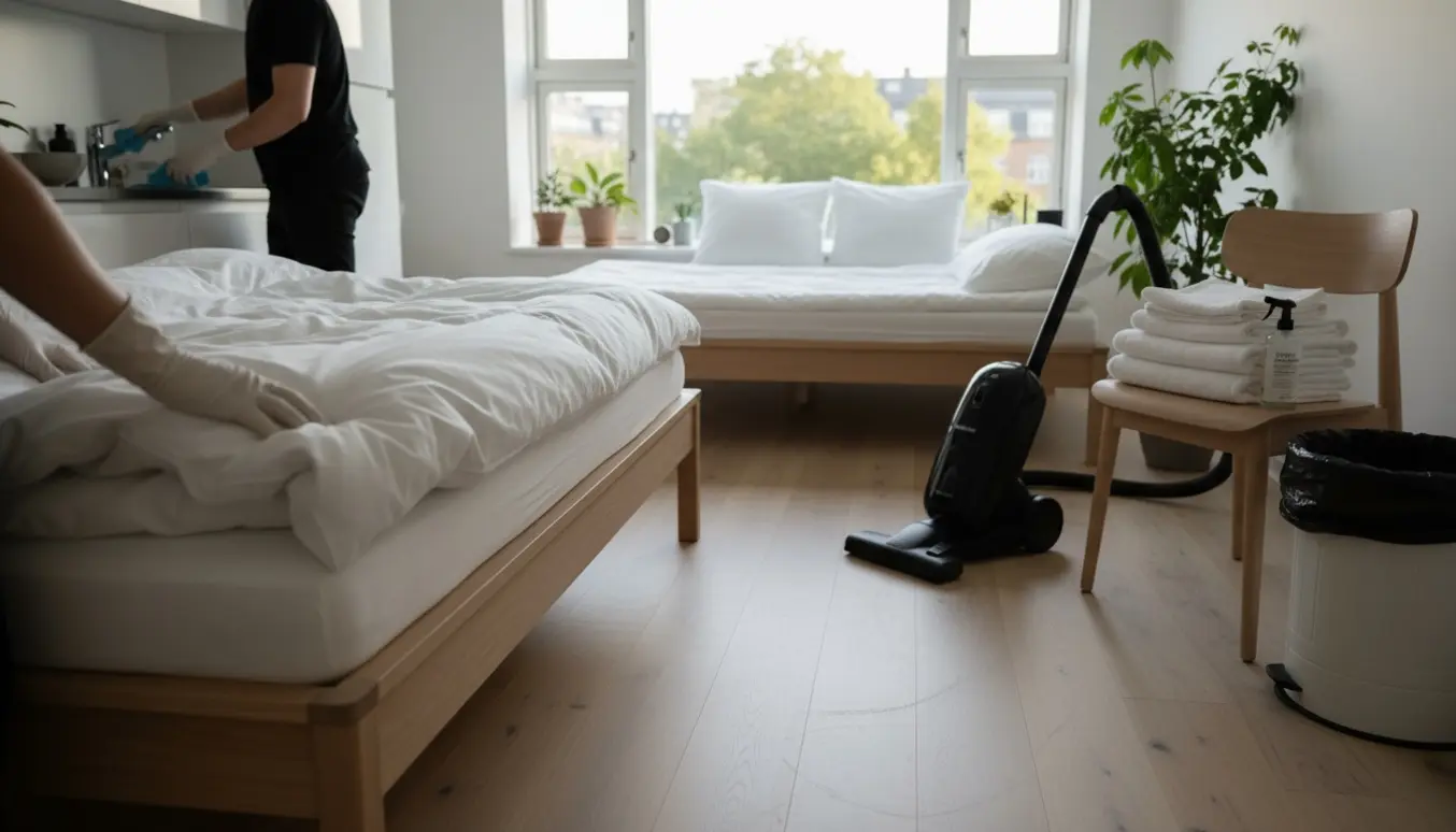 Hænder skifter sengelinned og støvsuger i en lys Nørrebro-lejlighed efter gæster.