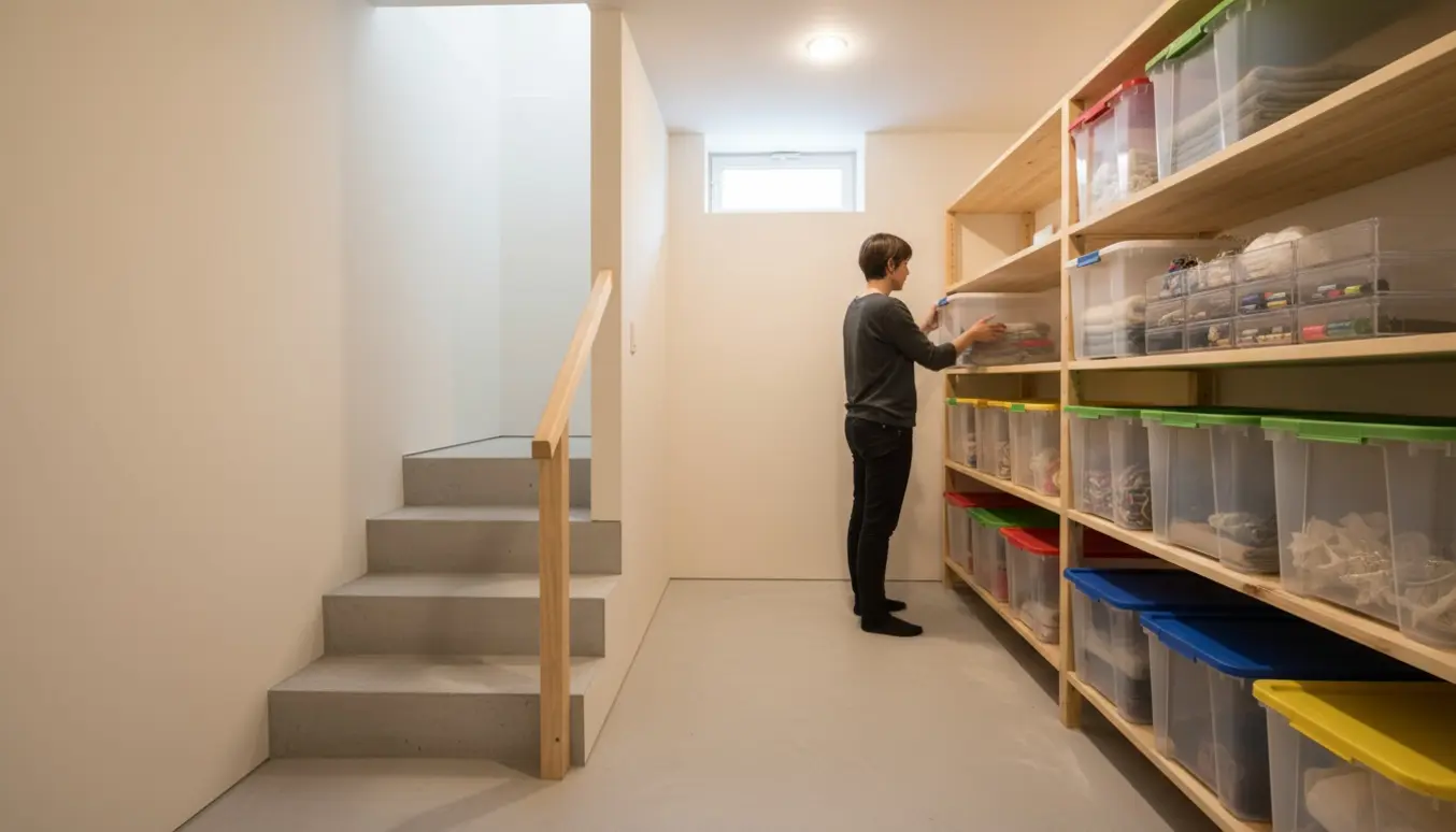 Organiseret kælderrum med stablede plastkasser og en person set bagfra, der rydder op.