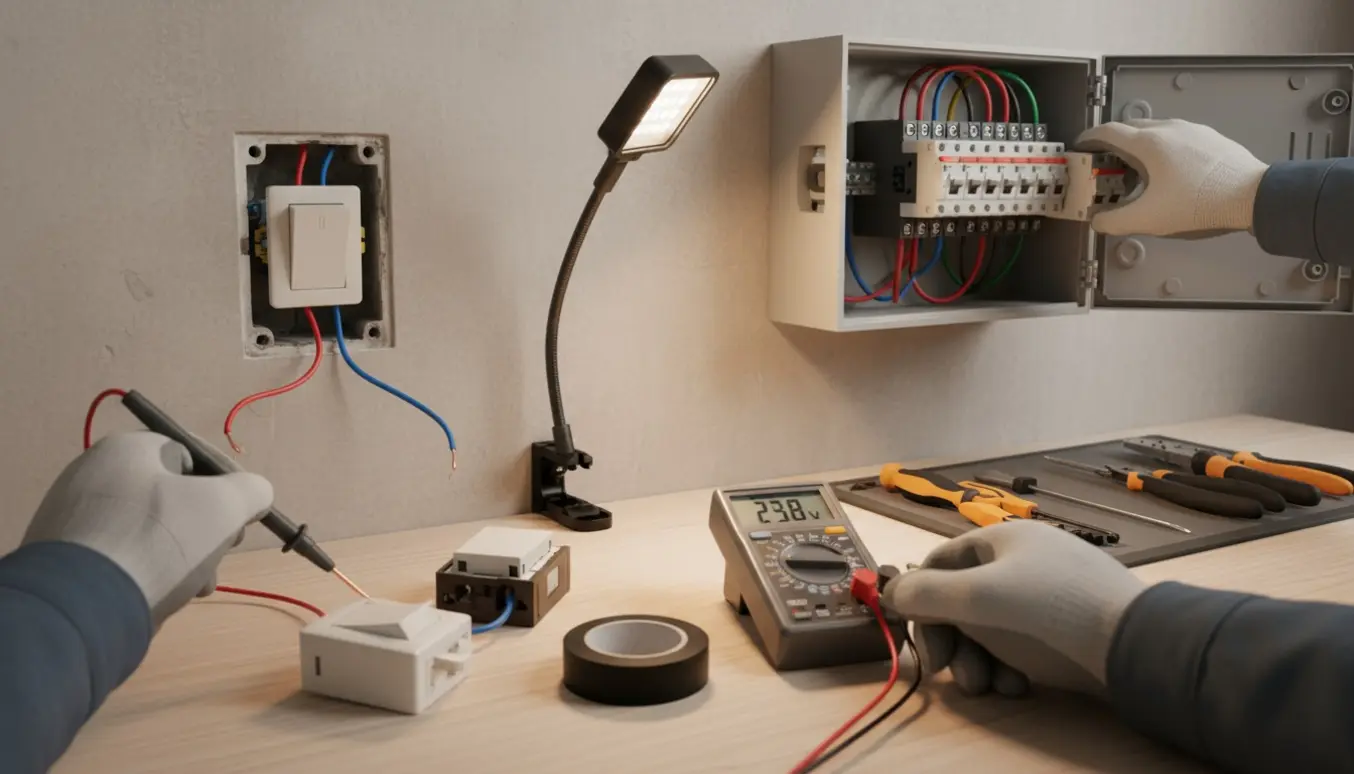 Elektriker tester stikkontakt og udskifter relæ i eltavlen efter skift af lysdæmper.