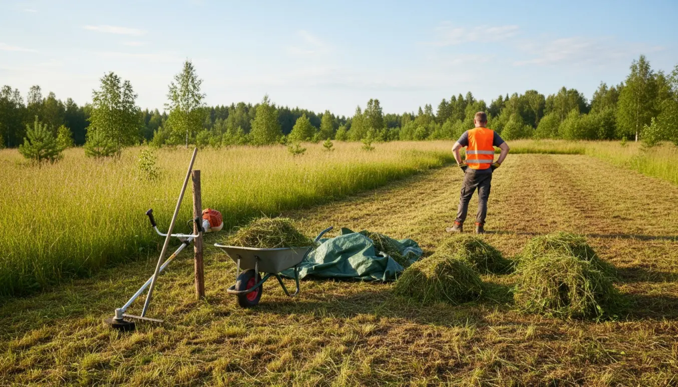 Ubbebygget sommerhusgrund delvist ryddet, med klippet græs, bunker af afklip og redskaber på plads.