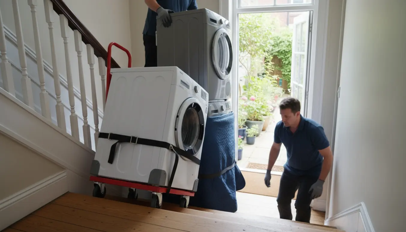 To personer bærer to vaskemaskiner og en tørretumbler ned ad en trappe med sving mod en åben have.