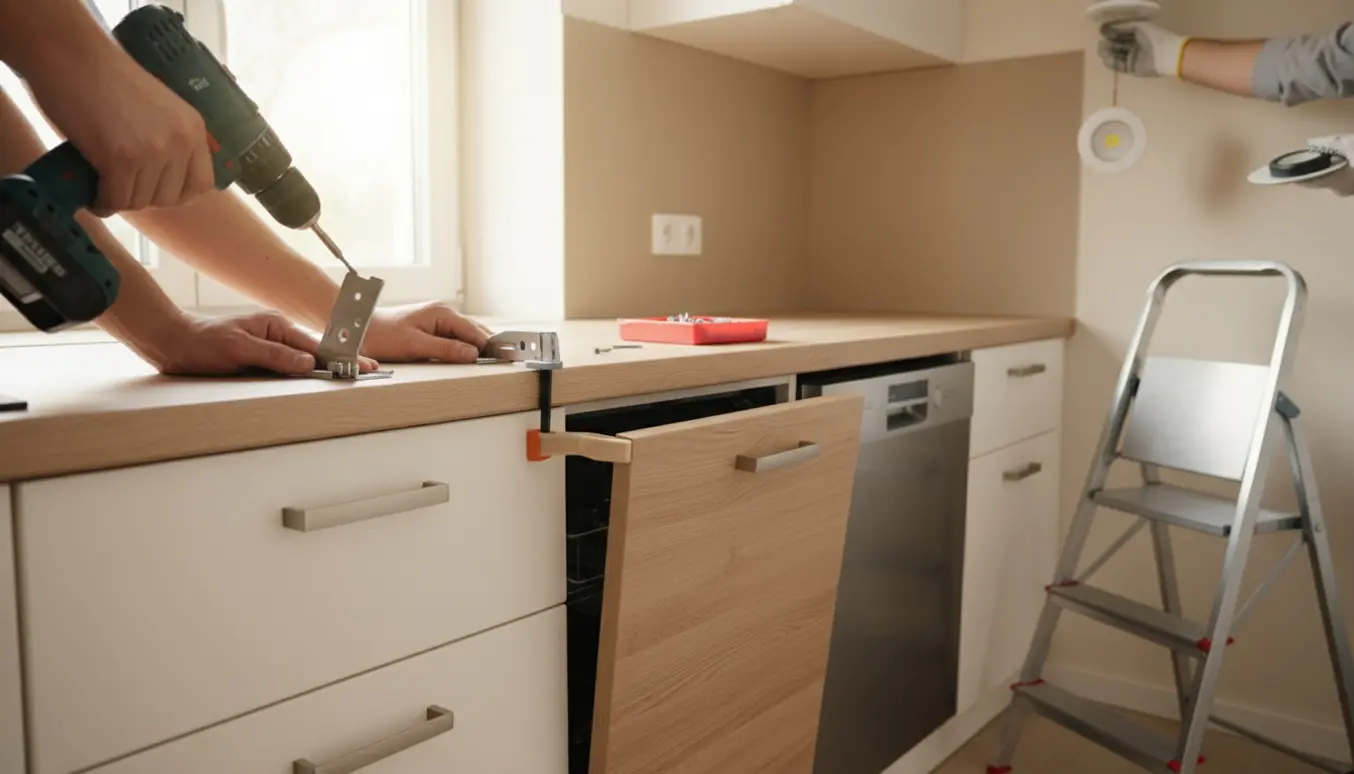 Hænder monterer opvaskemaskinebeslag under laminatbordplade, justerer fodpaneler og fjerner et loftsspot i et køkken.