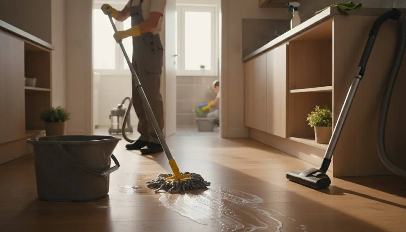 Nymalet femværelses lejlighed med handskebeklædte hænder, der mopper køkkengulvet og skrubber badeværelsesfliser.