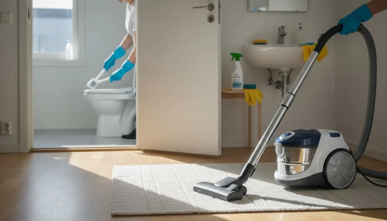 Stue med støvsuger på trægulv og et åbent badeværelse, hvor hænder rengør toilet og håndvask.