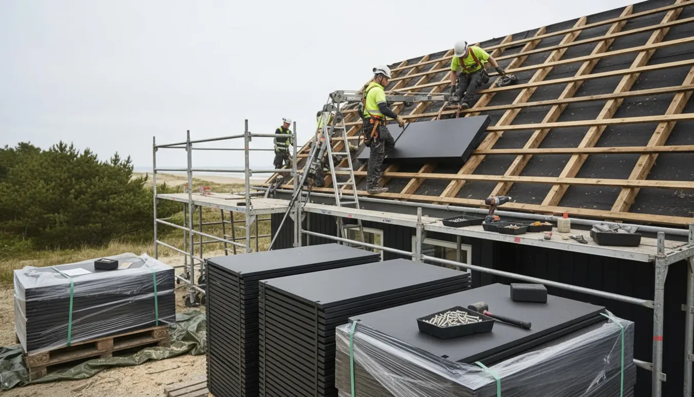 Sort Eternit B6-tag monteres på et sommerhus med stablede tagplader og synlige tagspær ved Frederiksværk.