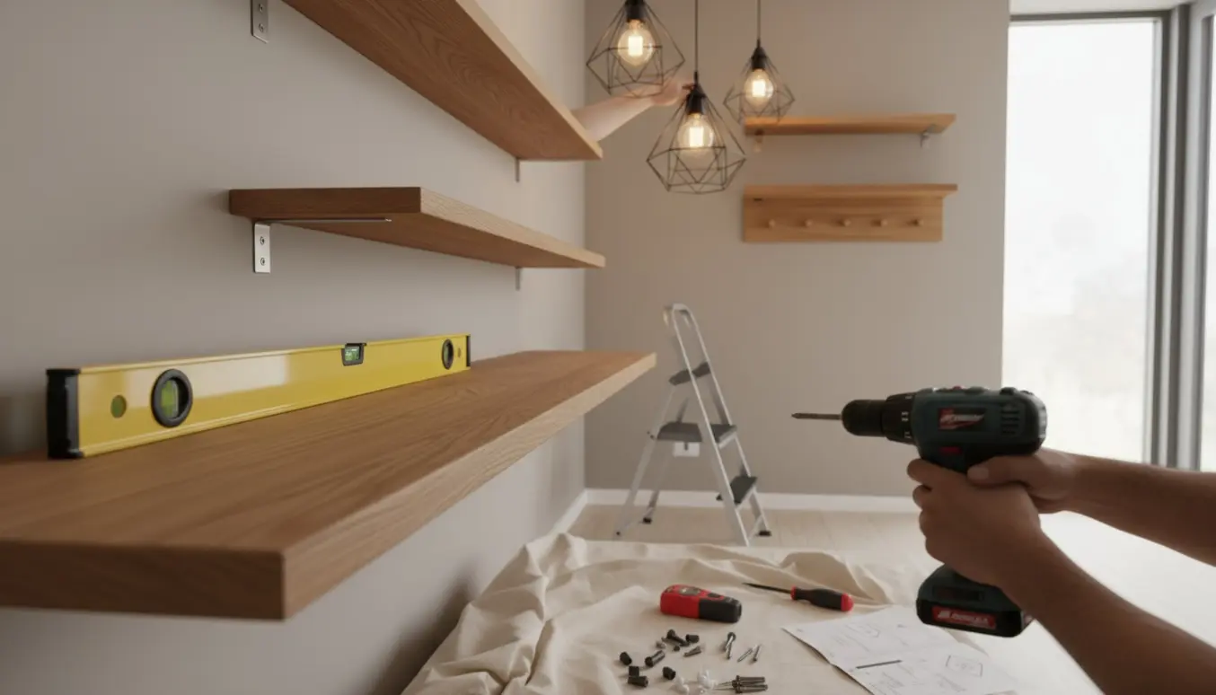 Nærbillede af hænder, der monterer svævehylder, en knagerække og tre pendellamper på en væg.