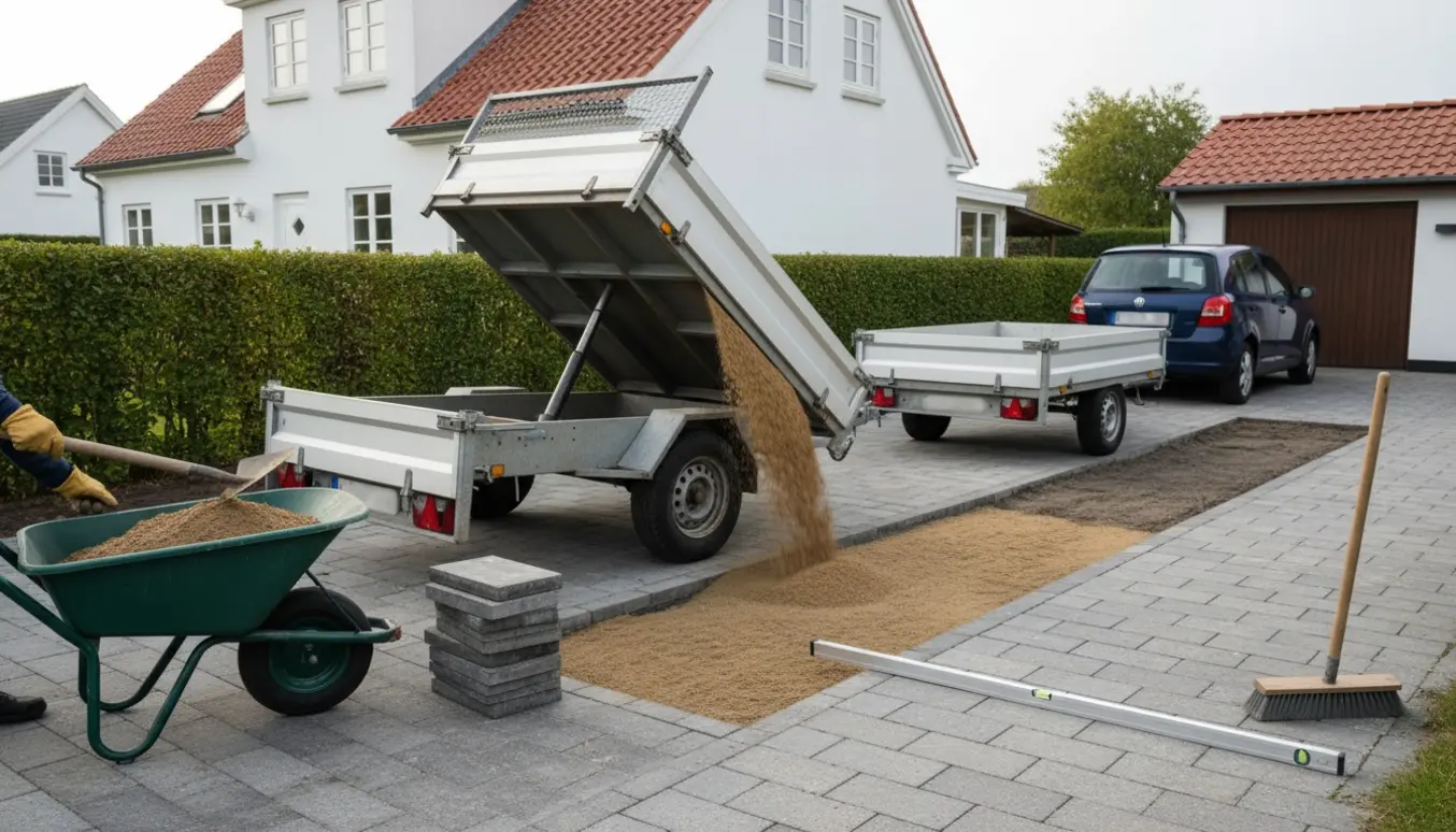 To små tippertrailere tømmer fint sand i en indkørsel i Hvidovre, klar til udlægning under fliser.