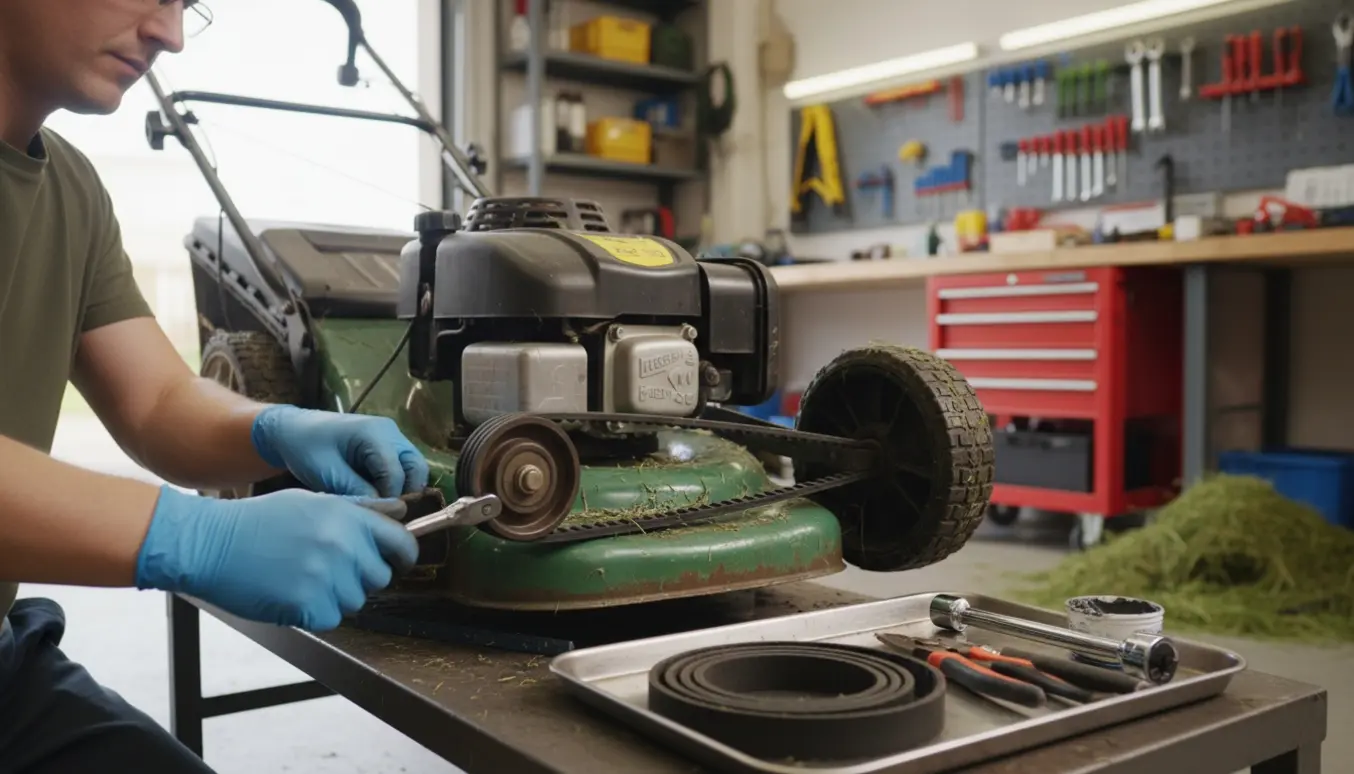Nærbillede af en plæneklipper på værksted, hvor mekanikerens hænder arbejder på baghjulstrækket.